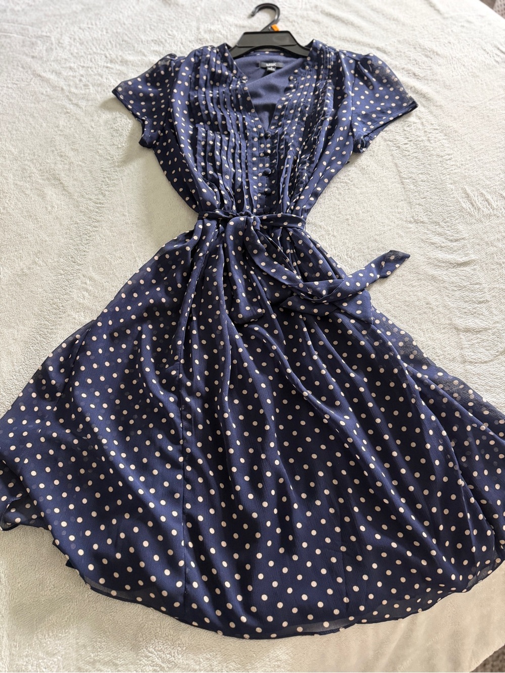 MSK Navy Polka Dot Tie-Waist Midi Dress